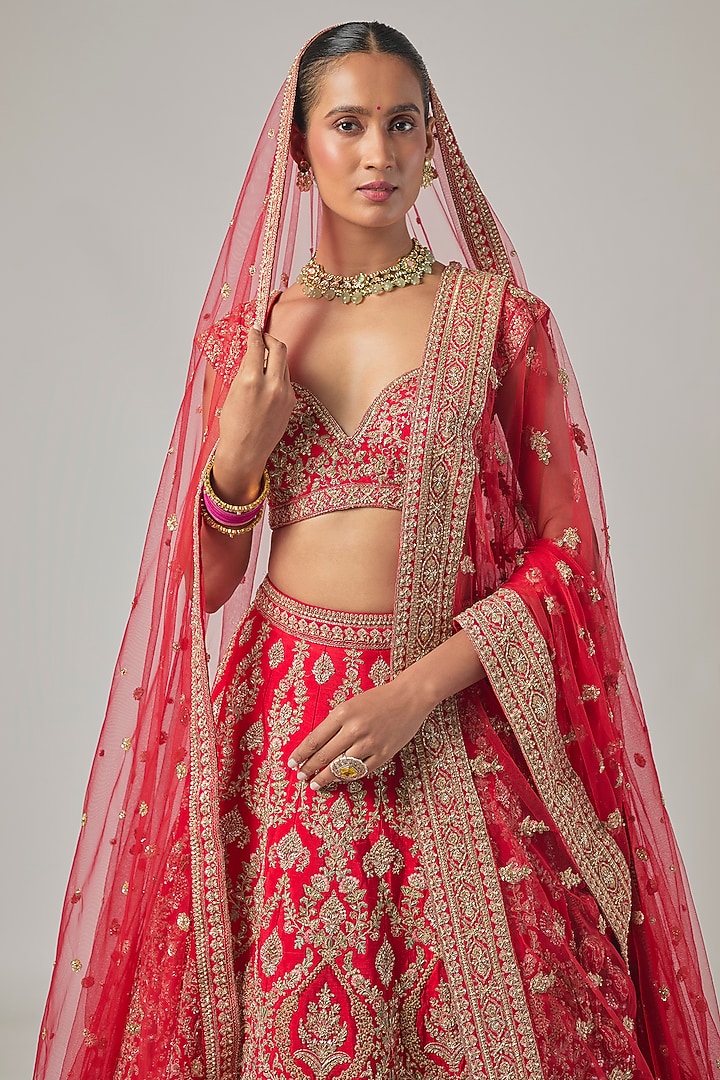 Red Raw Silk Embroidered Bridal Lehenga Set by Kalighata at Pernia's Pop Up Shop