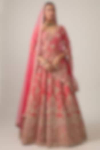 Coral Raw Silk Bridal Lehenga Set by Kalighata at Pernia's Pop Up Shop