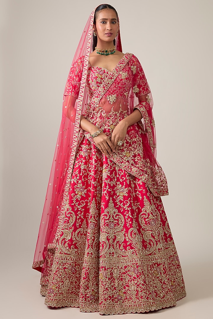 Coral Raw Silk Bridal Lehenga Set by Kalighata at Pernia's Pop Up Shop