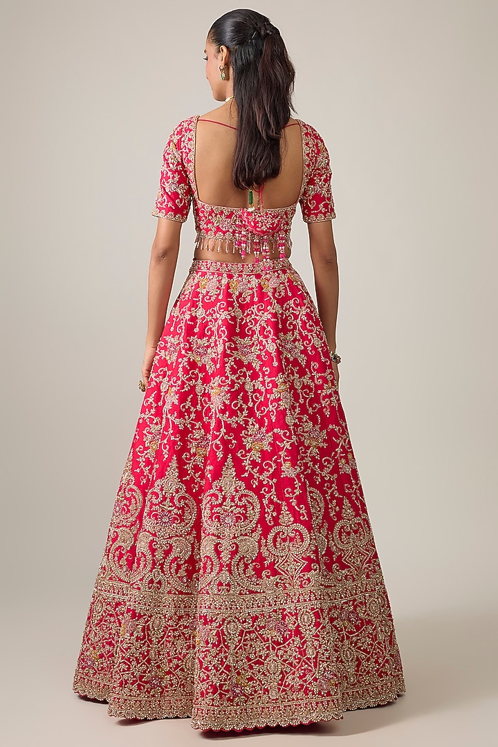 Coral Raw Silk Bridal Lehenga Set by Kalighata at Pernia's Pop Up Shop