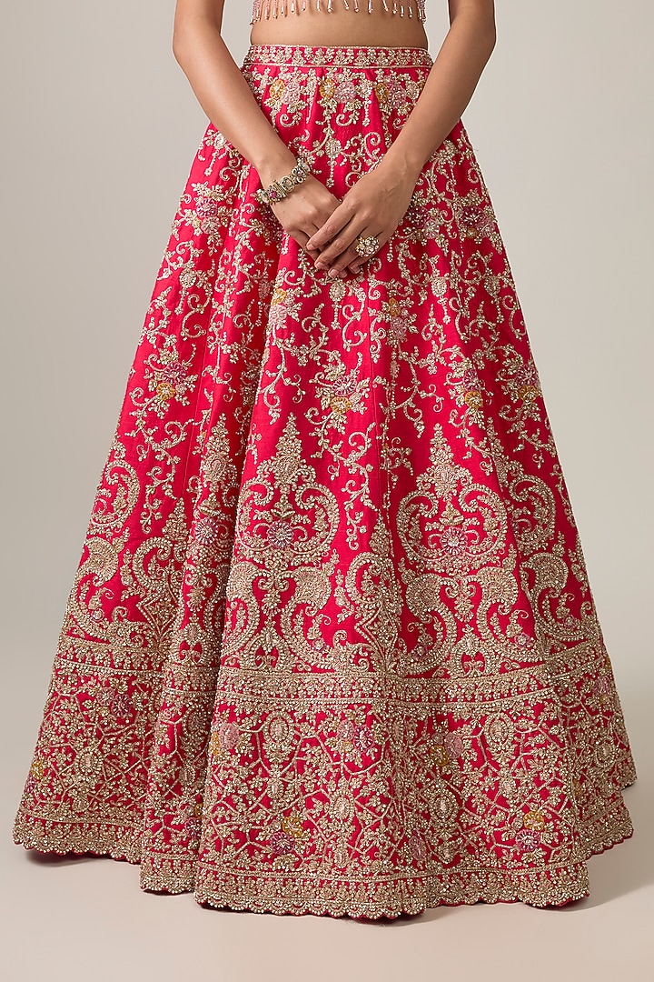 Coral Raw Silk Bridal Lehenga Set by Kalighata at Pernia's Pop Up Shop