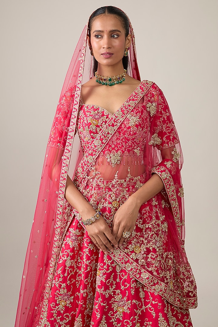 Coral Raw Silk Bridal Lehenga Set by Kalighata at Pernia's Pop Up Shop