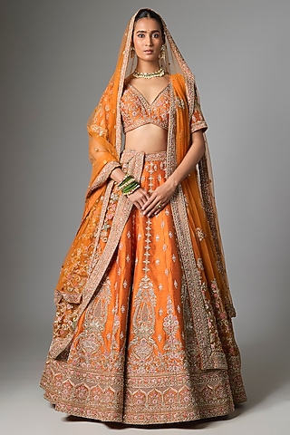 Rust Raw Silk Lehenga Set by Kalighata