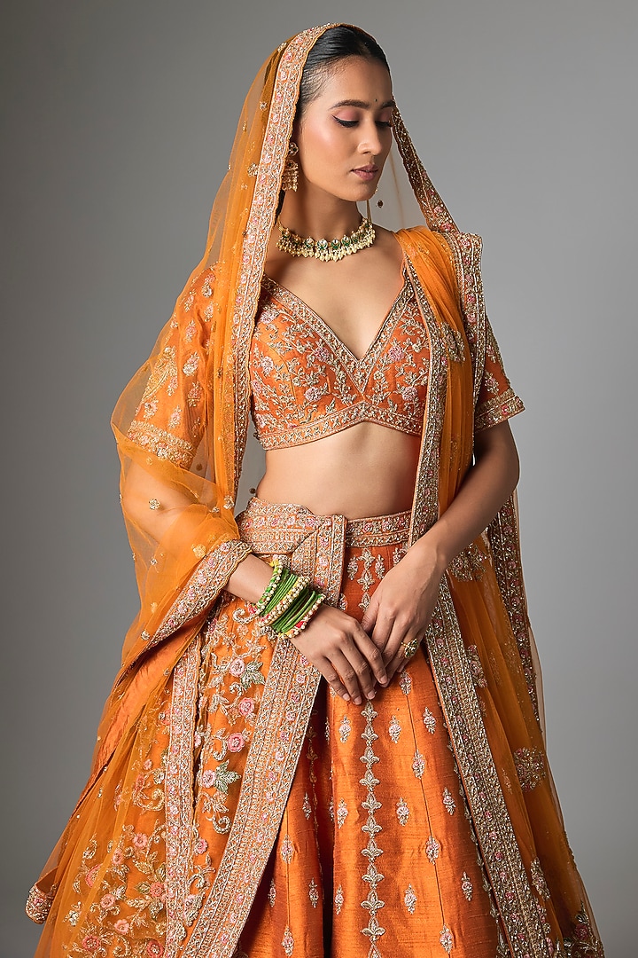 Rust Raw Silk Bridal Lehenga Set by Kalighata at Pernia's Pop Up Shop