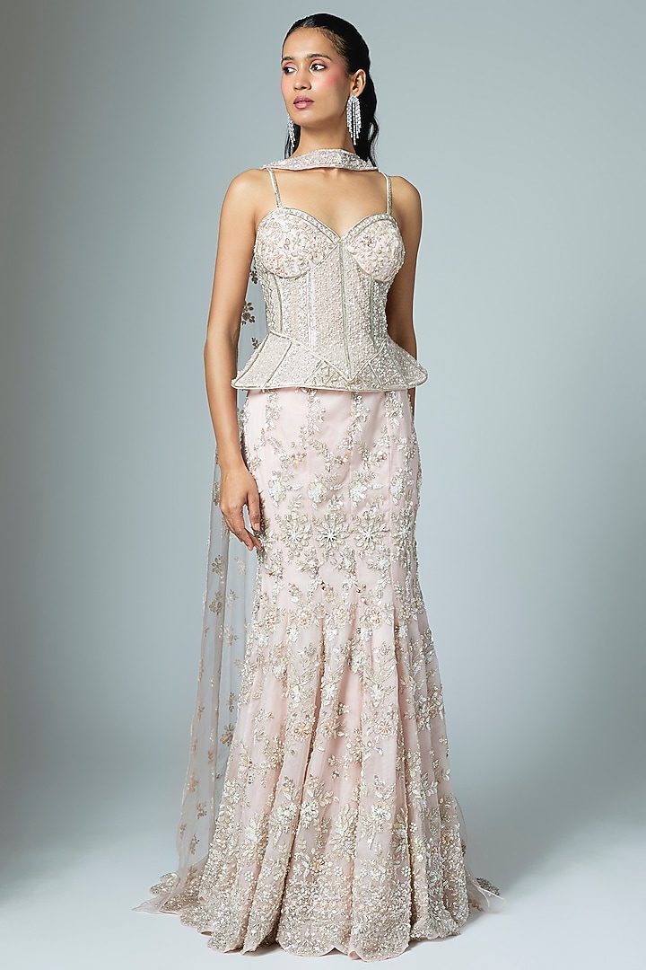 Pink Organza Embroidered Mermaid Bridal Lehenga Set by Kalighata at Pernia's Pop Up Shop