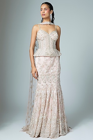 Pink Organza Embroidered Mermaid Lehenga Set by Kalighata