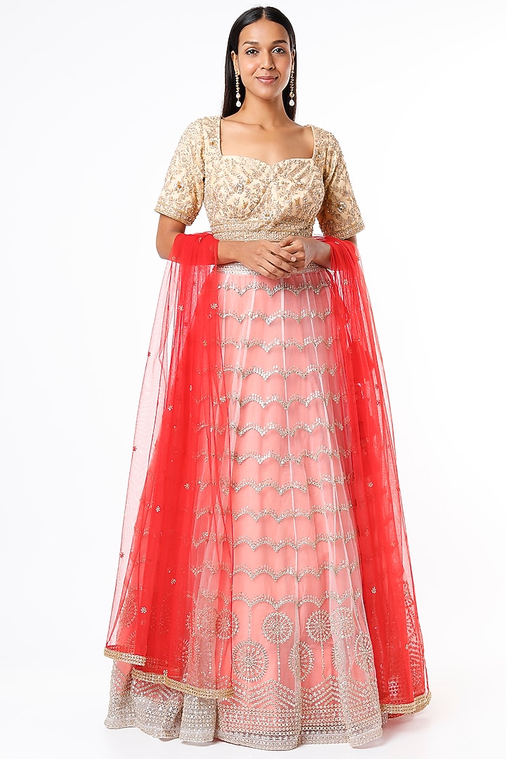 Peach Embroidered Wedding Lehenga Set by Kalighata at Pernia's Pop Up Shop