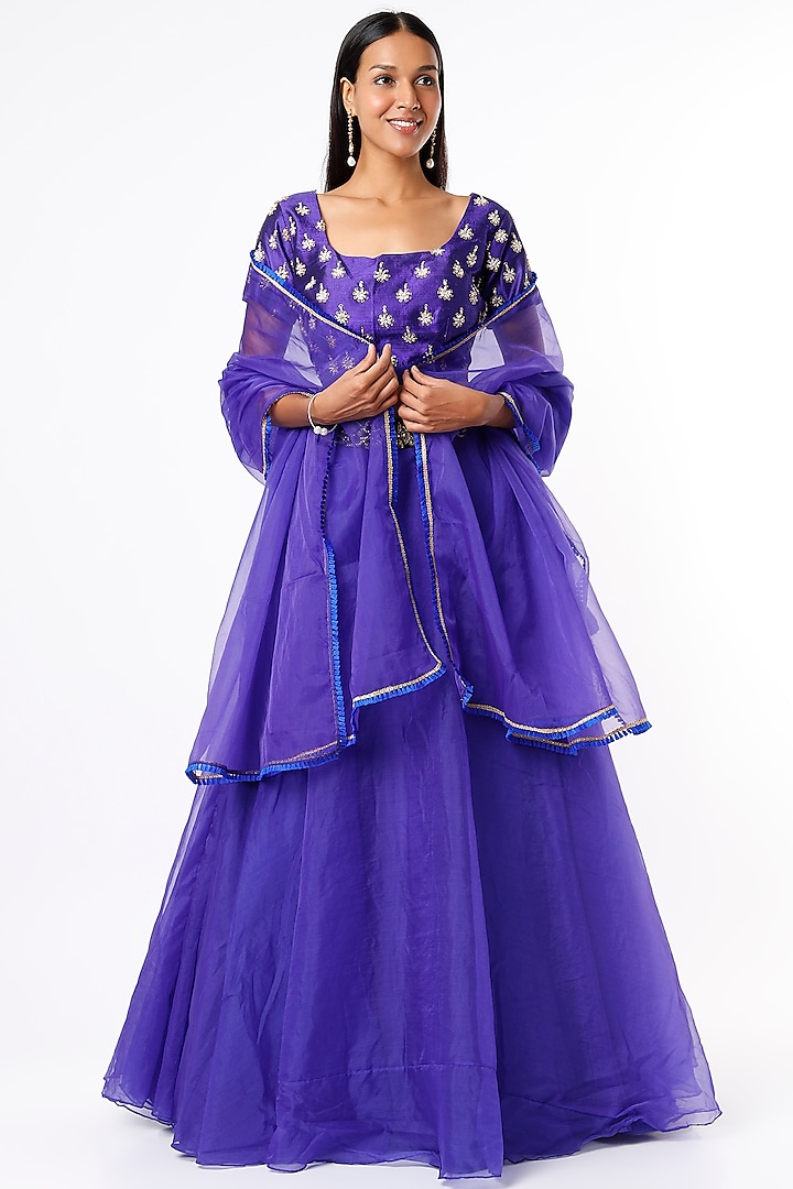 Violet Tissue Organza Wedding Lehenga Set by Kalighata at Pernia's Pop Up Shop