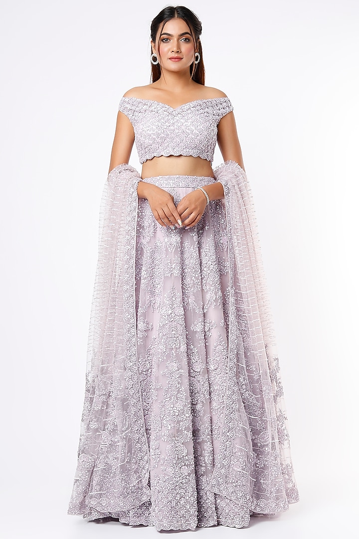 Mauve Organza Embellished Zoya Bridal Lehenga Set by Kalighata at Pernia's Pop Up Shop