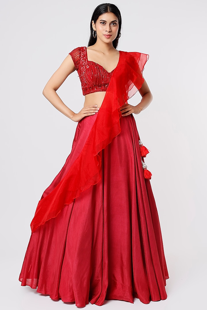 Red Organza Wedding Lehenga Set by Kalighata at Pernia's Pop Up Shop