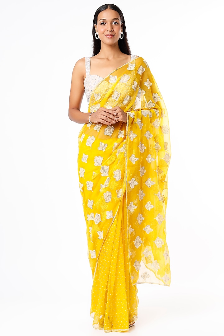 Yellow Embroidered Saree Set by Kalighata at Pernia's Pop Up Shop