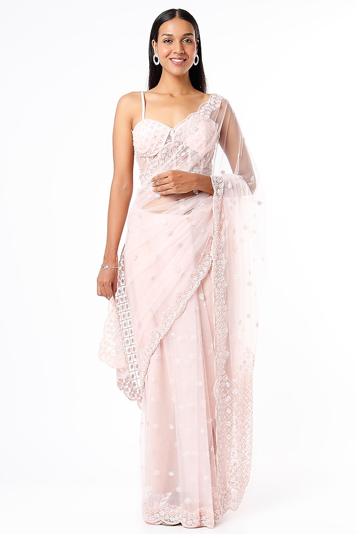 Peach Hand Embellished Saree Set by Kalighata at Pernia's Pop Up Shop