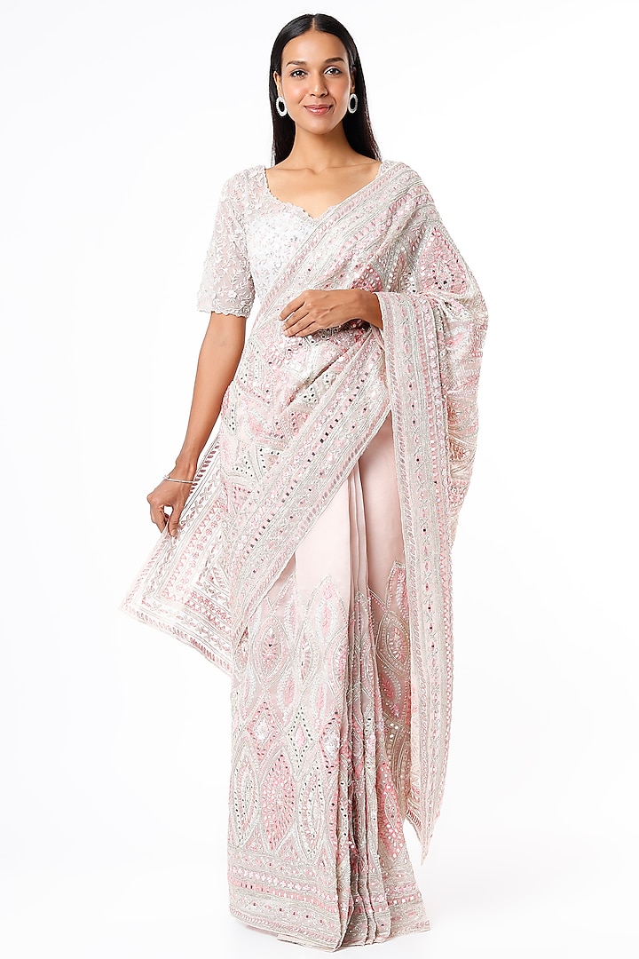 Blush Pink Hand Embellished Saree Set by Kalighata