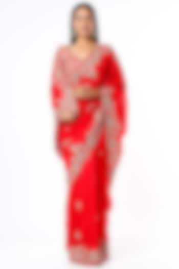 Red Hand Embellished Saree Set by Kalighata