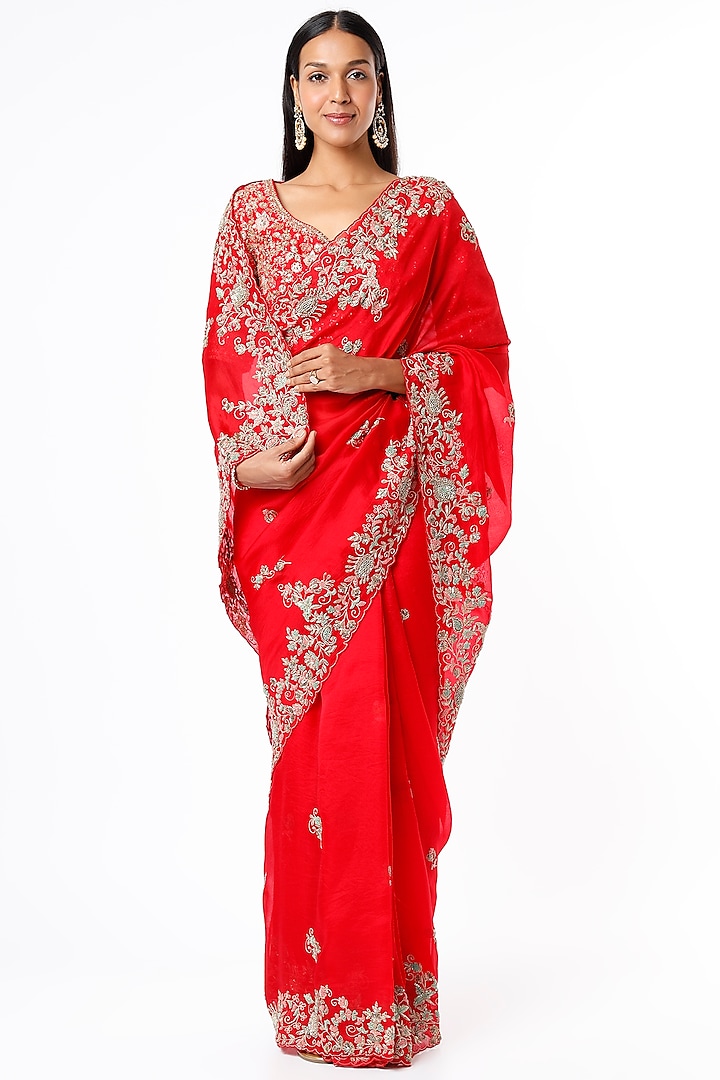 Red Hand Embellished Saree Set by Kalighata