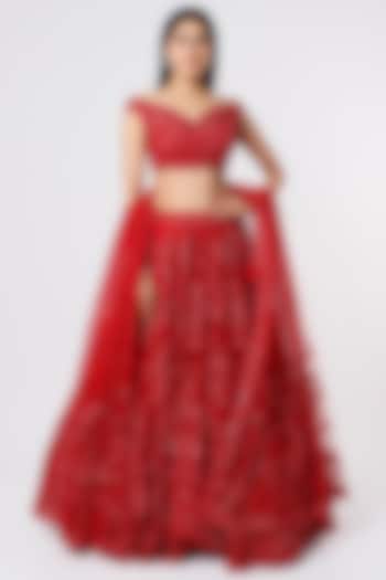 Red Net Embellished Lehenga Set by Kalighata