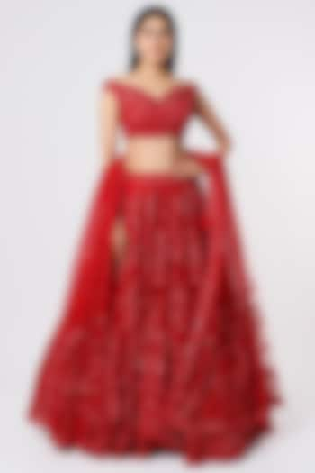 Red Net Embellished Bridal Lehenga Set by Kalighata at Pernia's Pop Up Shop