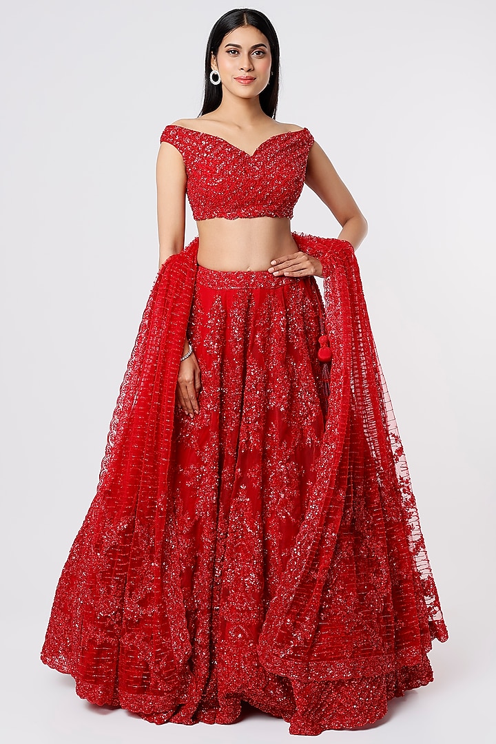 Red Net Embellished Bridal Lehenga Set by Kalighata at Pernia's Pop Up Shop