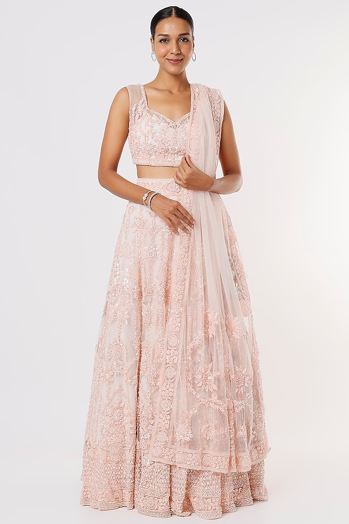 Peach Hand Embellished Wedding Lehenga set by Kalighata at Pernia's Pop Up Shop