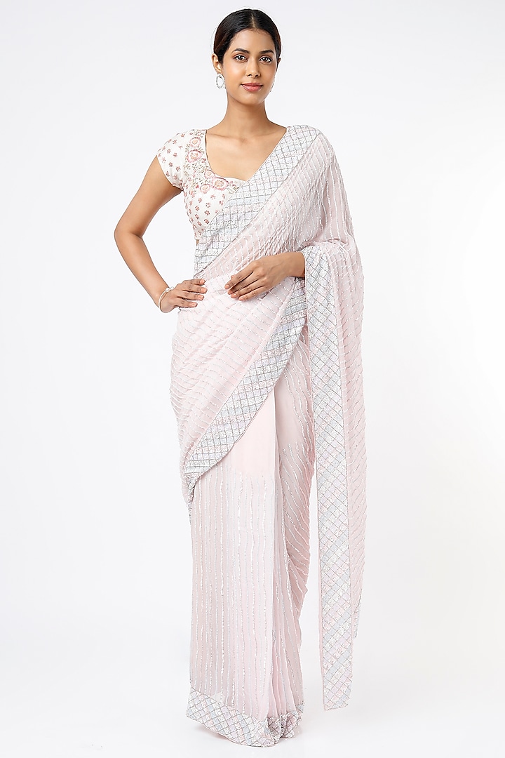 Blush Pink Sequins Embroidered Saree Set by Kalighata