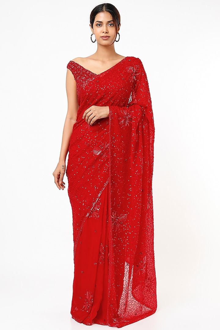 Cadmium Red Embroidered Saree Set by Kalighata