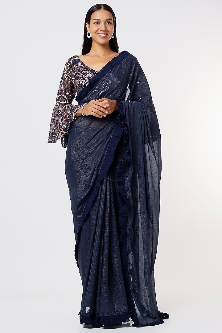 Navy Blue Embellished Party Wear Saree Set by Kalighata at Pernia's Pop Up Shop