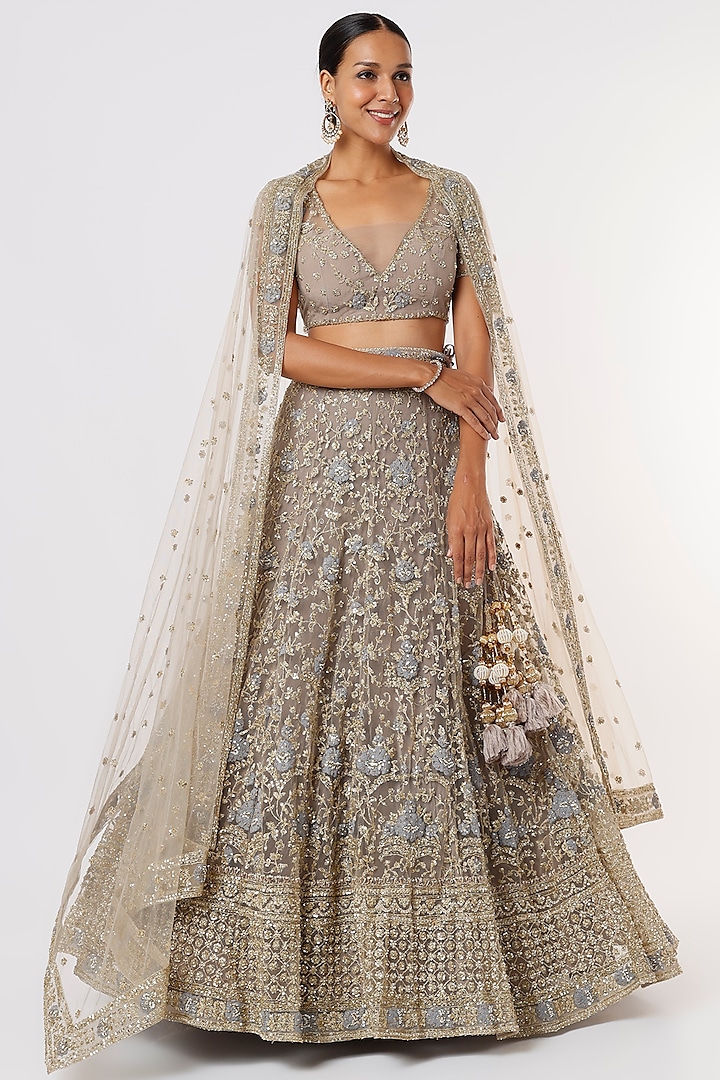 Dusty Grey Net Embellished Wedding Lehenga Set by Kalighata at Pernia's Pop Up Shop