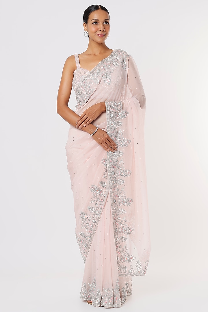Blush Pink Tissue Organza Embroidered Saree Set by Kalighata