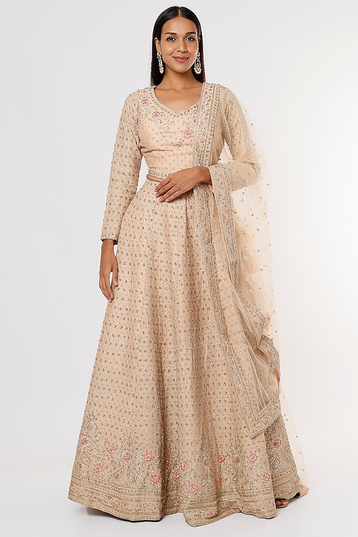 Peach Zari Embellished Gown by Kalighata
