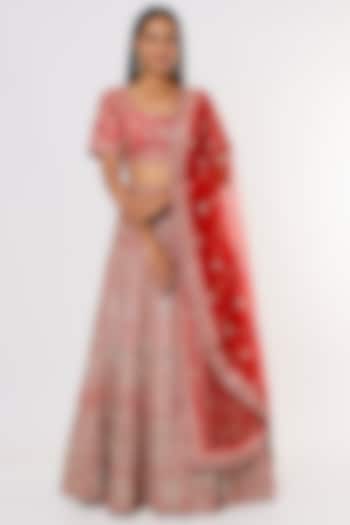 Red Lehenga Set With Embroidery by Kalighata