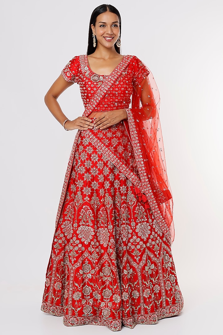 Red Raw Silk Embroidered Lehenga Set by Kalighata