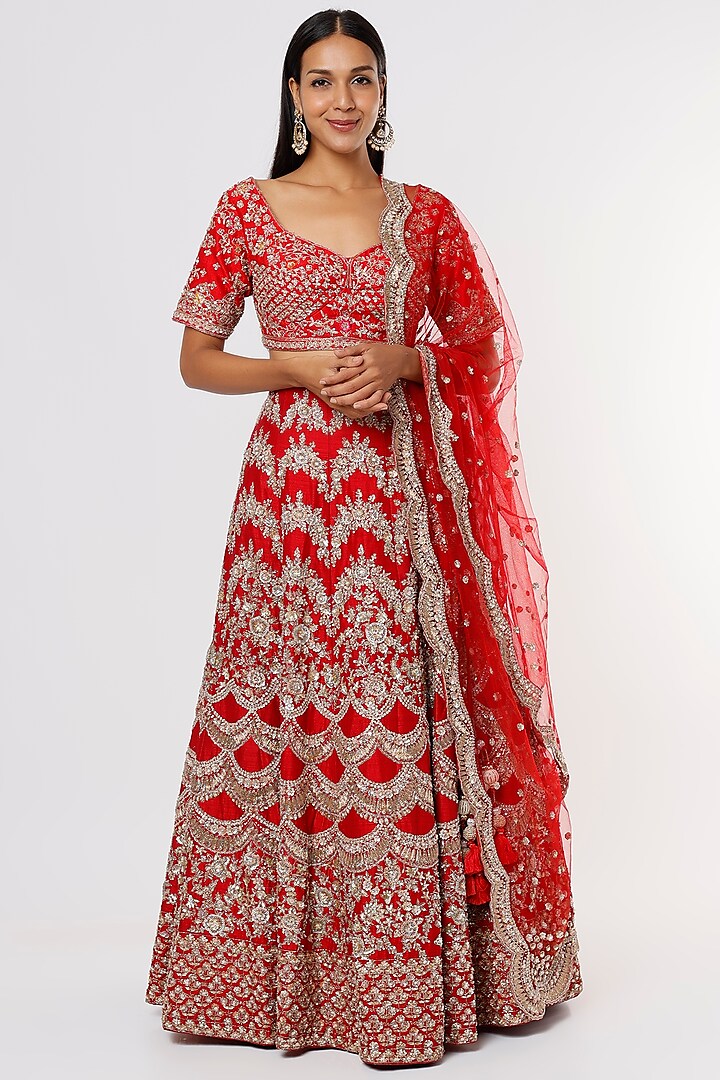 Red Embroidered Lehenga Set by Kalighata