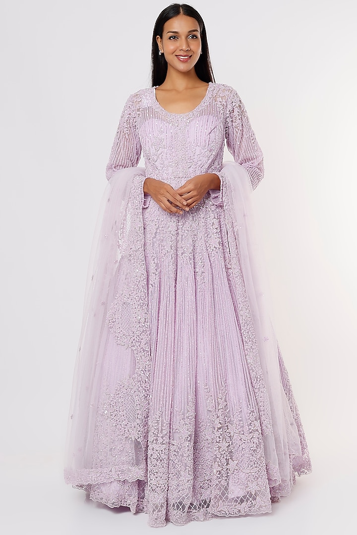 Purple Organza Embellished Lehenga Set by Kalighata