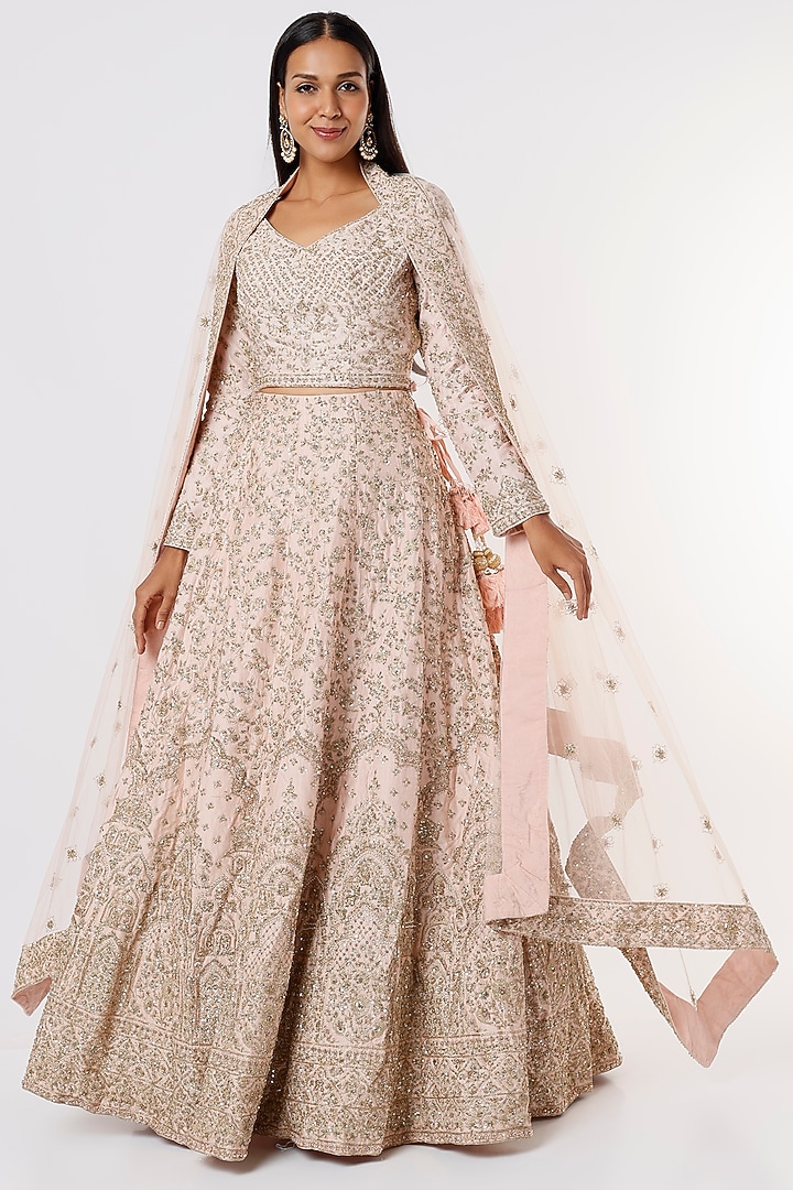 Peach Aari Embroidered Bridal Lehenga Set by Kalighata at Pernia's Pop Up Shop