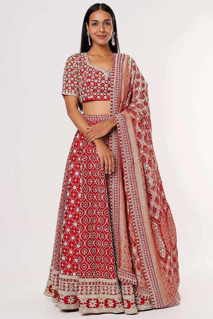 Red Georgette Embroidered Lehenga Set by Kalighata