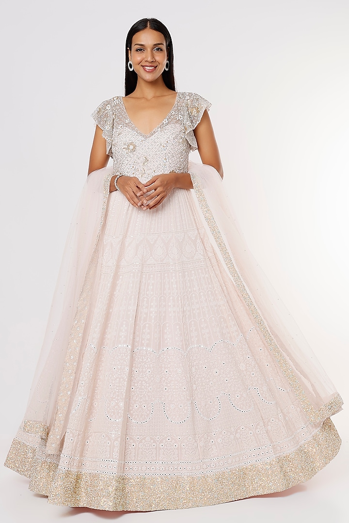 Blush Pink Chikankari Embroidered Gown by Kalighata
