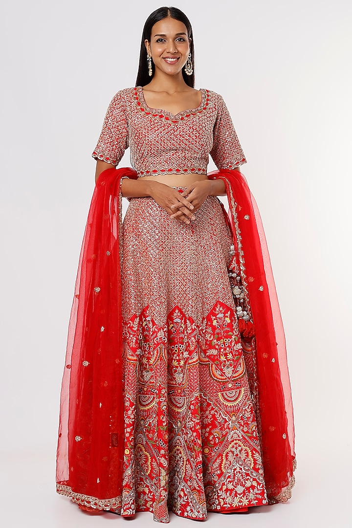Red Aari Embroidered Lehenga Set by Kalighata