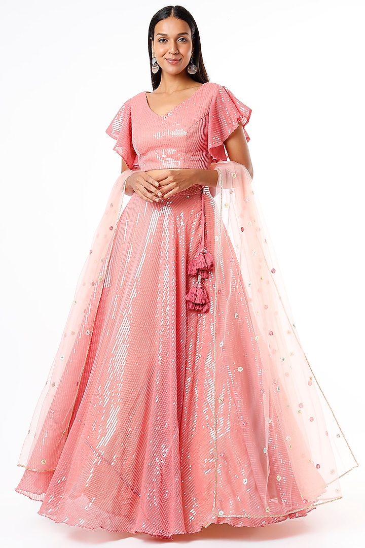 Peach Fancy Embroidered Wedding Lehenga Set by Kalighata at Pernia's Pop Up Shop
