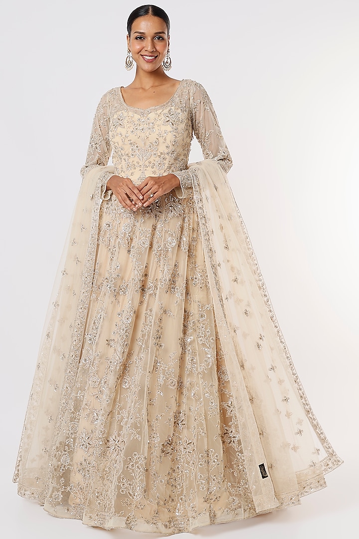 White Embroidered Gown With Dupatta by Kalighata