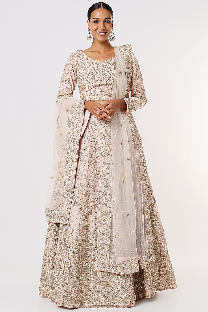 Peach Hand Embellished Gown With Dupatta by Kalighata