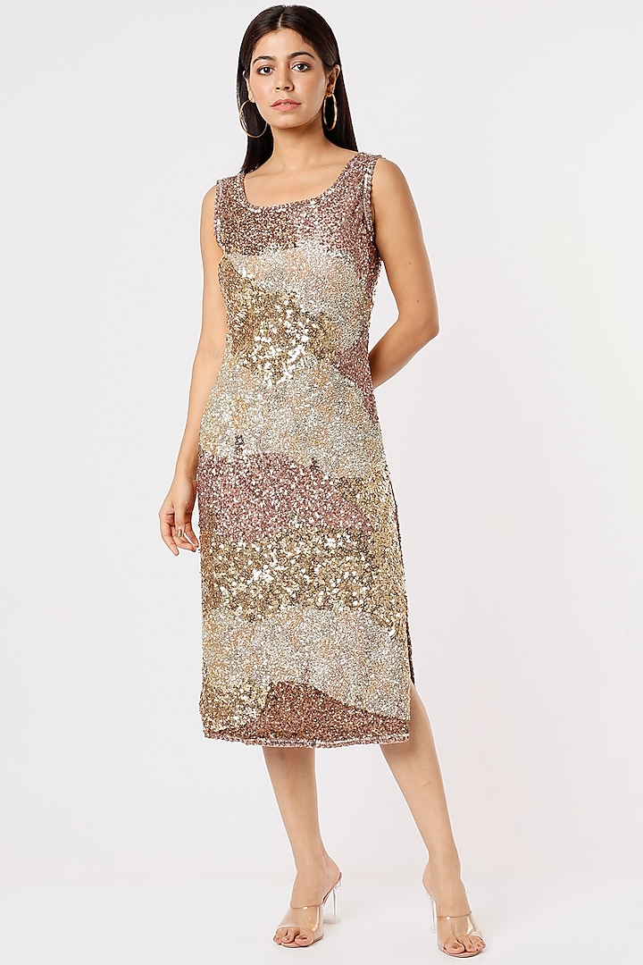 Gold Sequins Embroidered Midi Dress by Kalighata