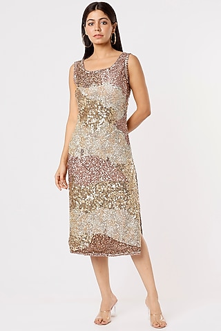 Gold Sequins Embroidered Midi Dress by Kalighata