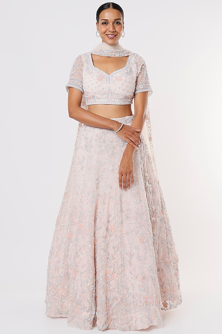 Peach Embroidered Wedding Lehenga Set by Kalighata at Pernia's Pop Up Shop