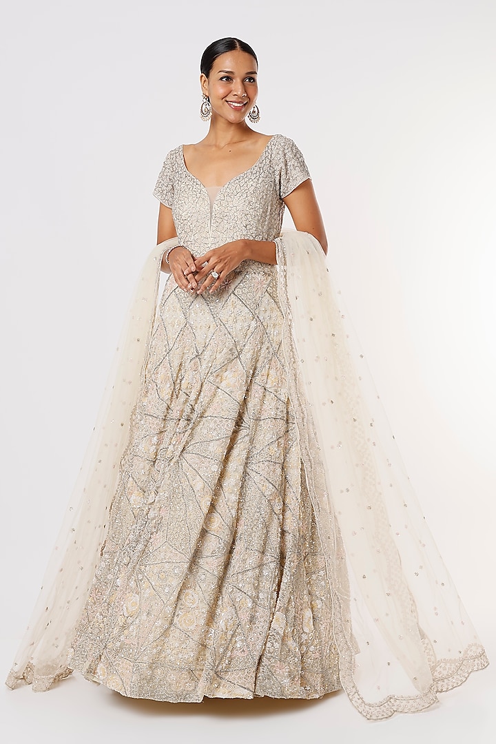 White Embellished Gown With Dupatta by Kalighata