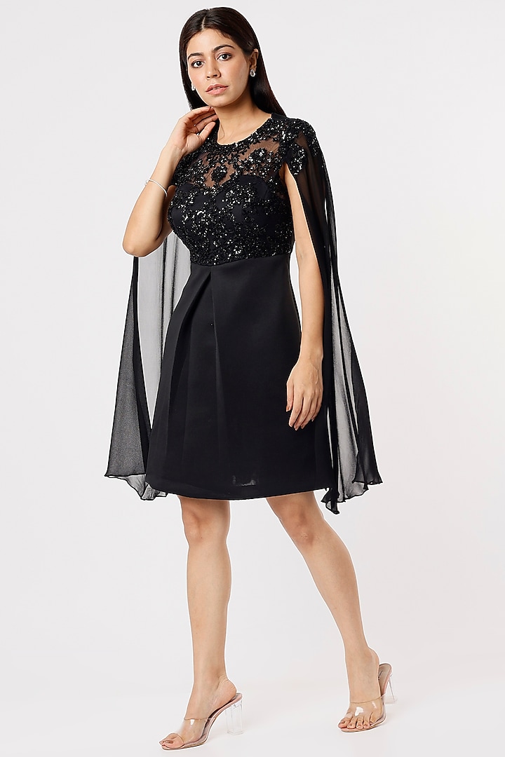 Black A-line Dress With Cape Sleeves by Kalighata