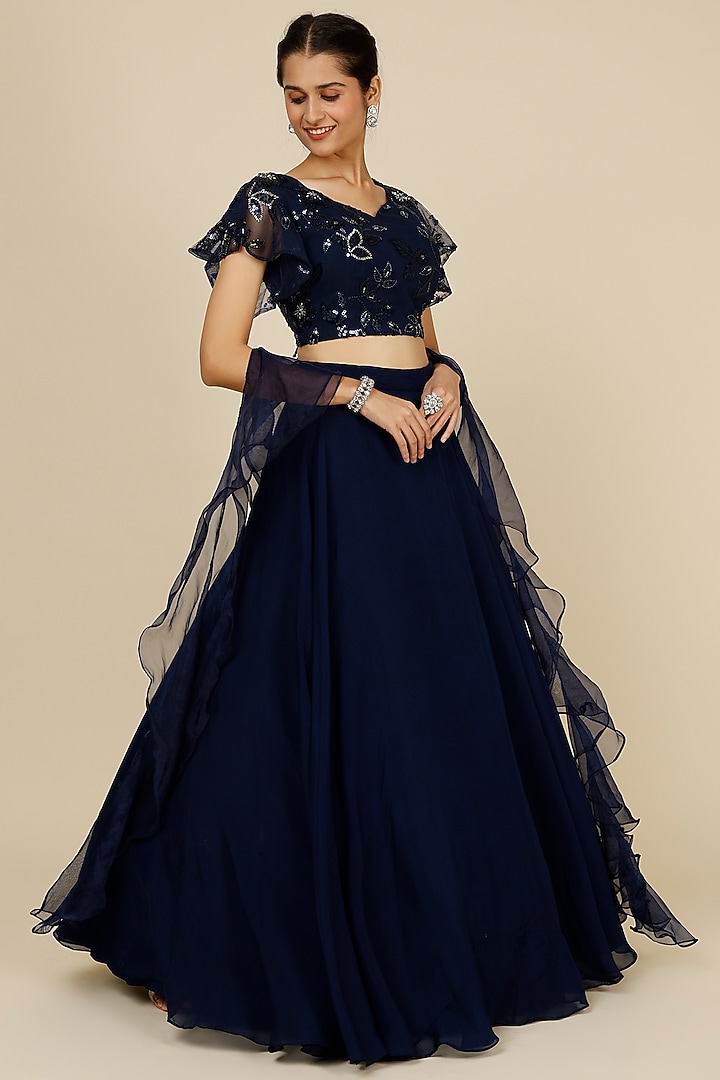 Navy Blue Tissue Organza Wedding Lehenga Set by Kalighata at Pernia's Pop Up Shop