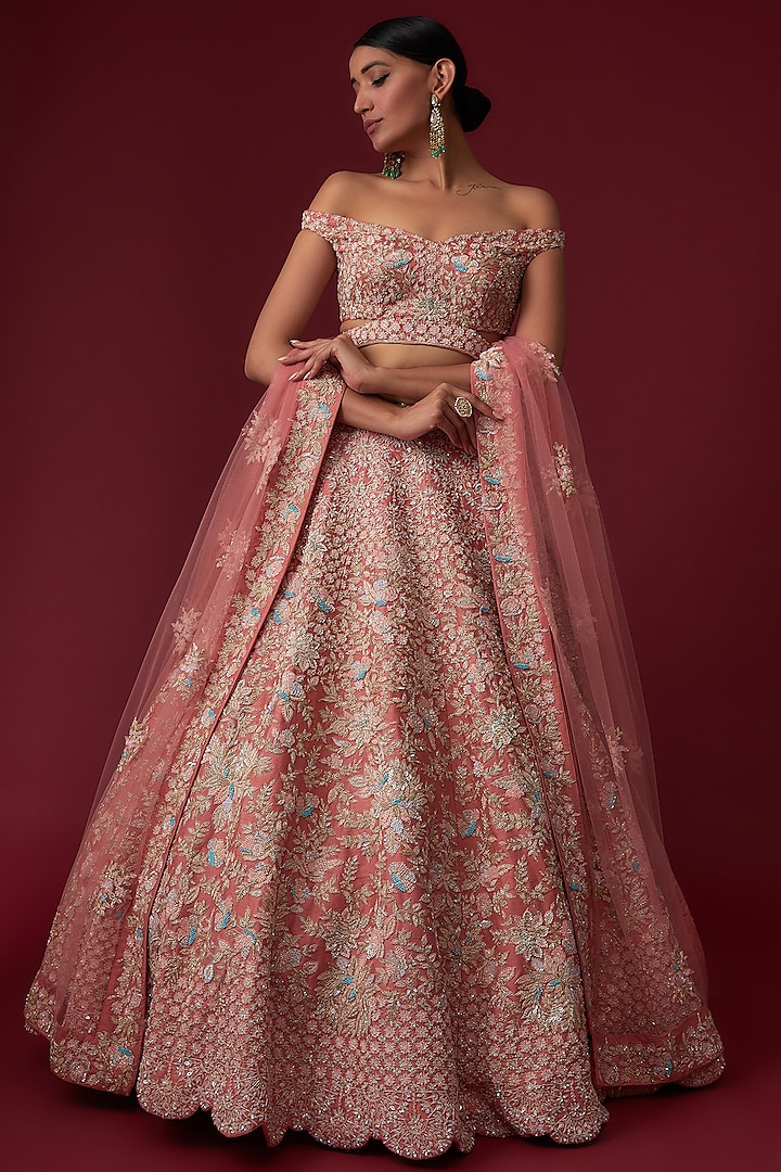 Pink Velvet Hand Embroidered Lehenga Set by Kalighata