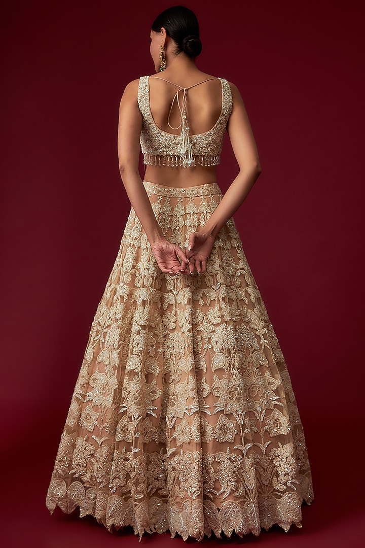 Peach Net Hand Embroidered Bridal Lehenga Set by Kalighata at Pernia's Pop Up Shop