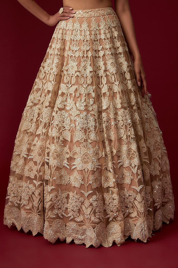 Peach Net Hand Embroidered Bridal Lehenga Set by Kalighata at Pernia's Pop Up Shop