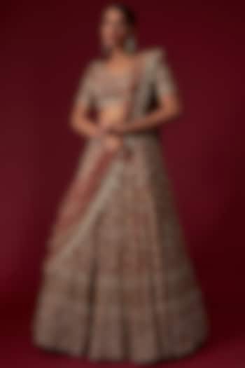 Dusty Peach Organza Hand Embroidered Lehenga Set by Kalighata